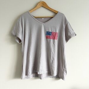 Gray V-Neck T-Shirt with American Flag Patch 3xl